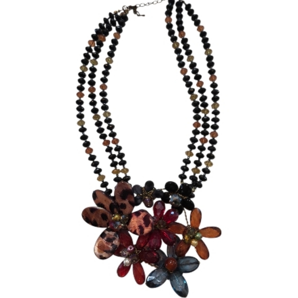 Large Handcrafted Floral Statement Necklace – Beaded & Resin Flowers